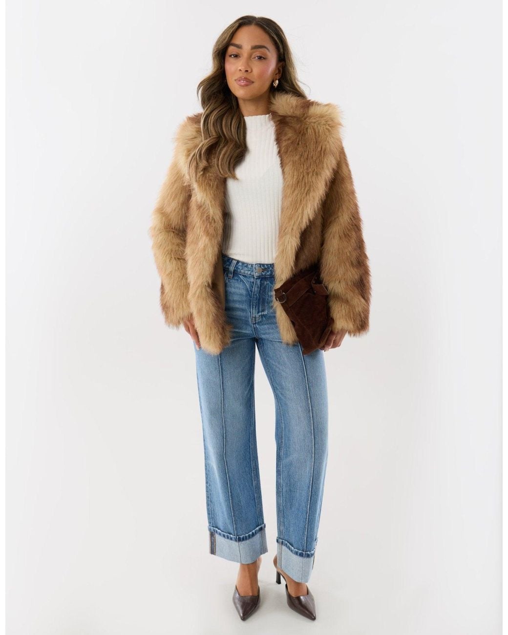 Threadbare Brown Oversized Collar Faux Fur Coat