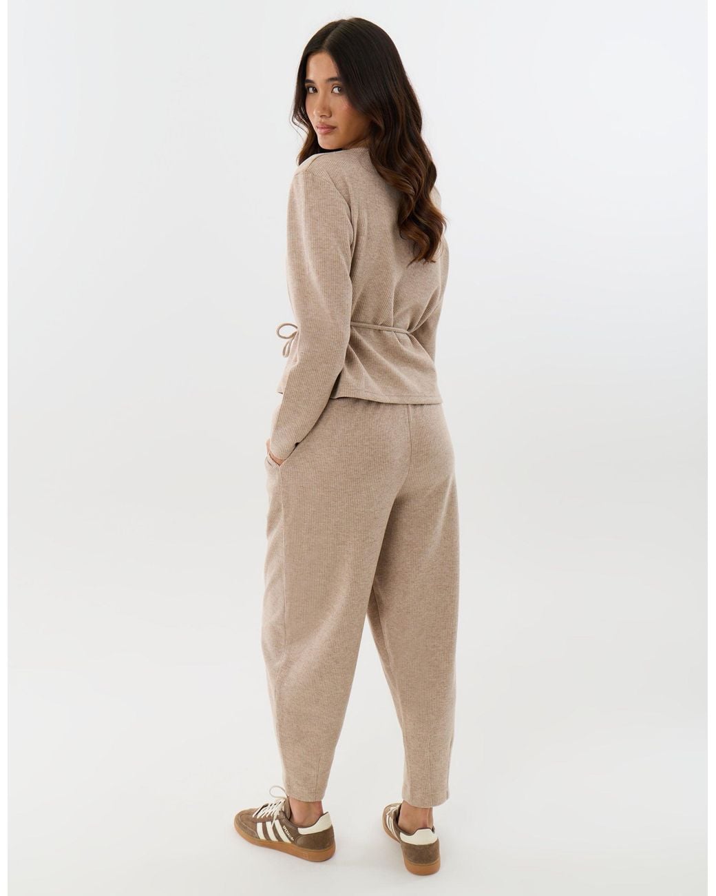 Threadbare Natural Ribbed Slash Neck Top & Wide Leg Trousers Co-Ord