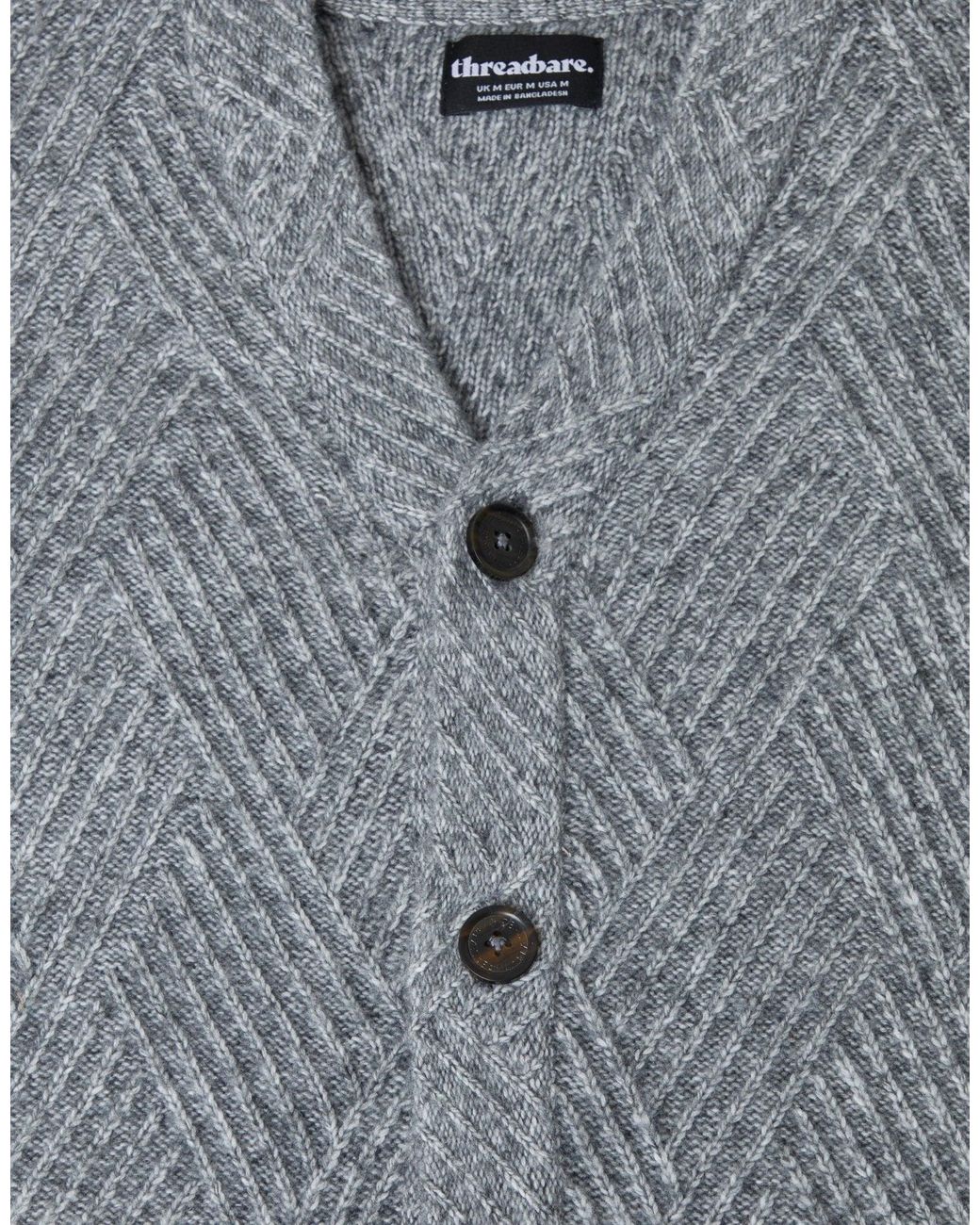Threadbare Gray Textured Stitch V Neck Cardigan for men