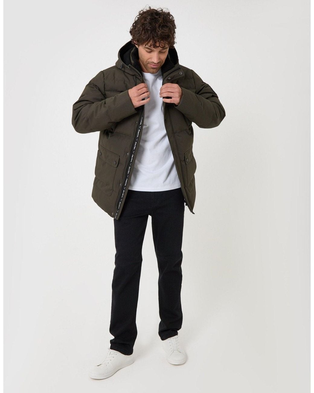 Threadbare Gray Showerproof Hooded Puffer Coat With Borg Lined Hood for men
