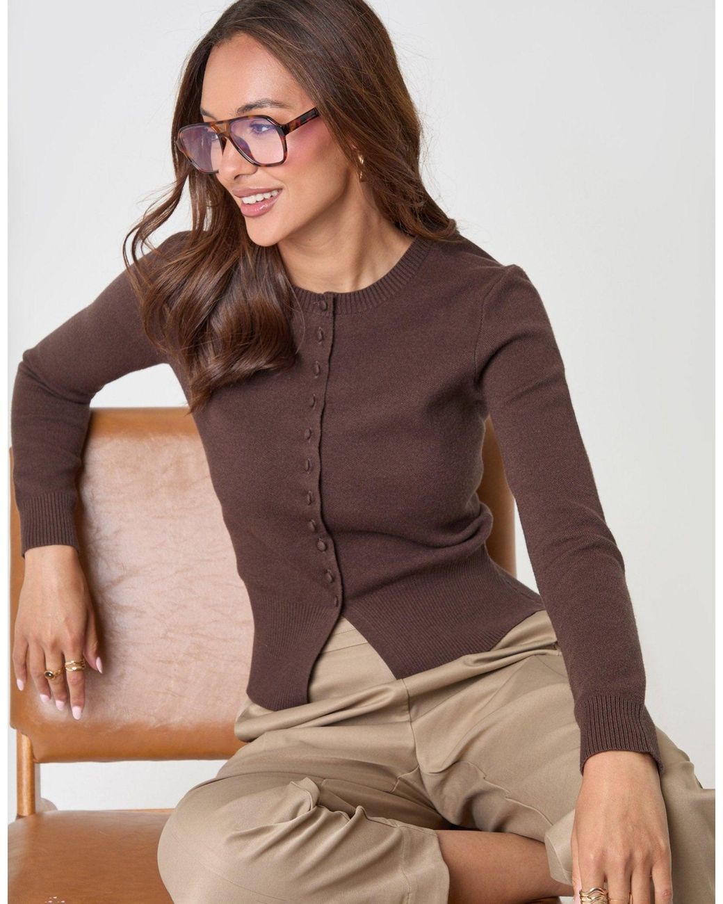 Threadbare Brown Crew Neck Compact Knitted Cardigan