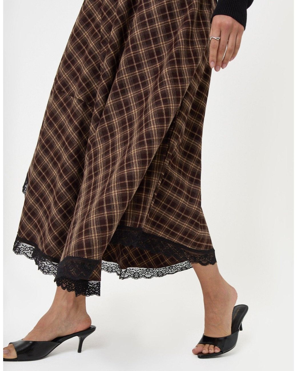 Threadbare Brown Asymmetric Lace Trim Midaxi Skirt