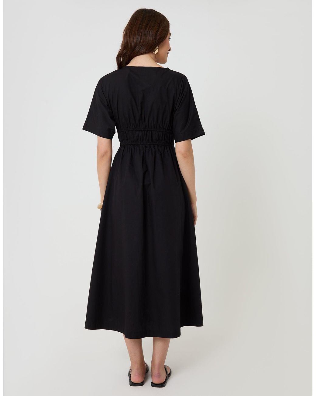 Threadbare Black Elasticated Waist Cotton Poplin Midi Dress