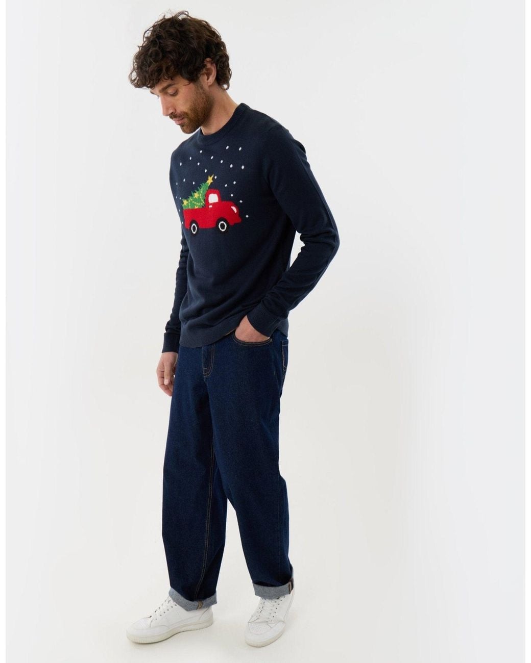 Threadbare Blue Christmas Truck Knitted Crew Neck Jumper for men
