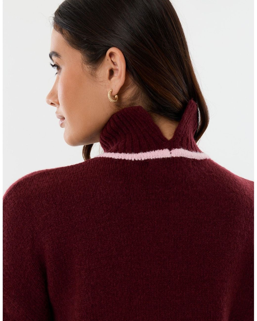 Threadbare Red Relaxed Fit Contrast Trim Funnel Neck Jumper