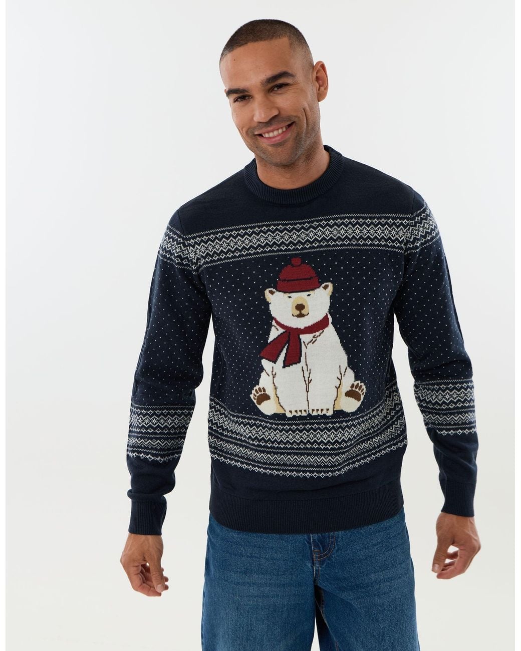 Threadbare Blue Polar Bear Fairisle Christmas Jumper for men
