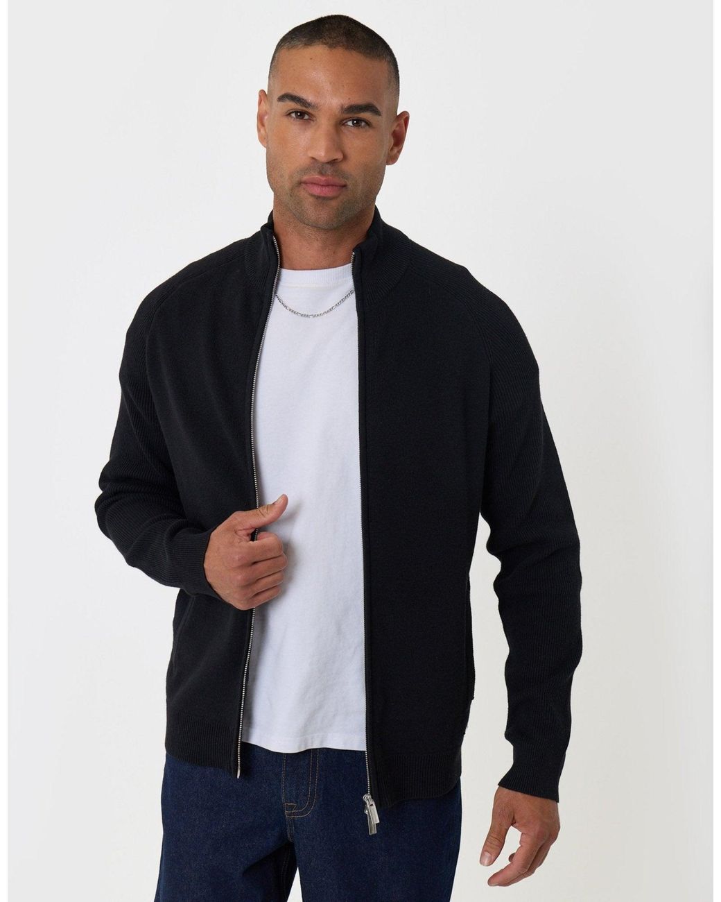 Threadbare Blue Knitted Zip Up Funnel Neck Cardigan for men