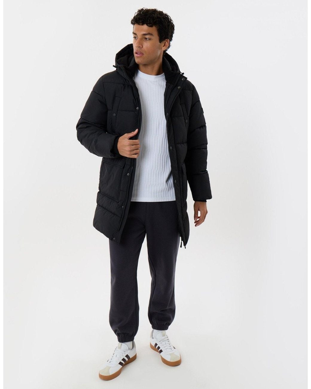 Threadbare Blue Longline Showerproof Puffer Coat With Fleece-Lined Hood for men