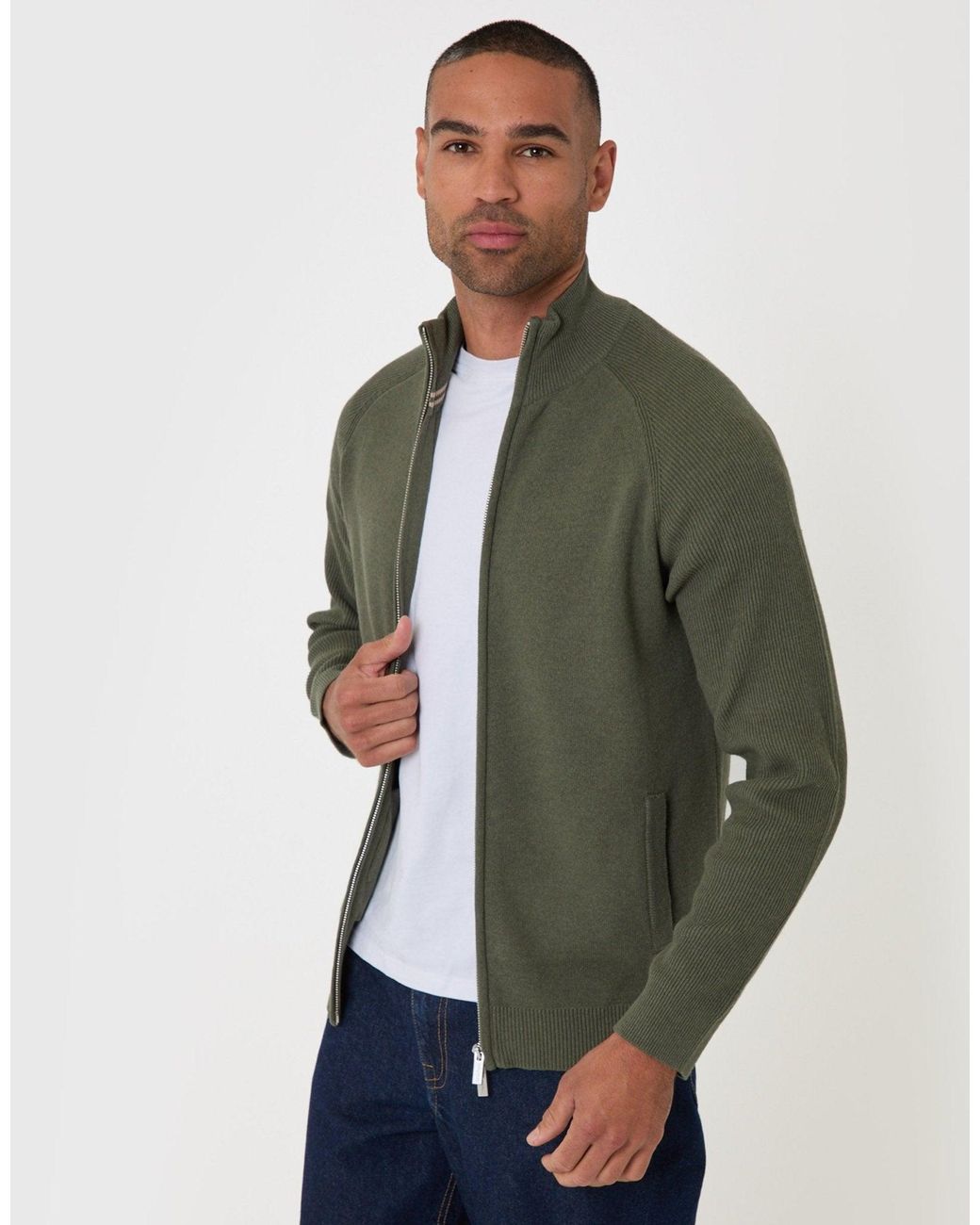 Threadbare Green Cotton Rich Funnel Neck Zip Through Sweatshirt for men