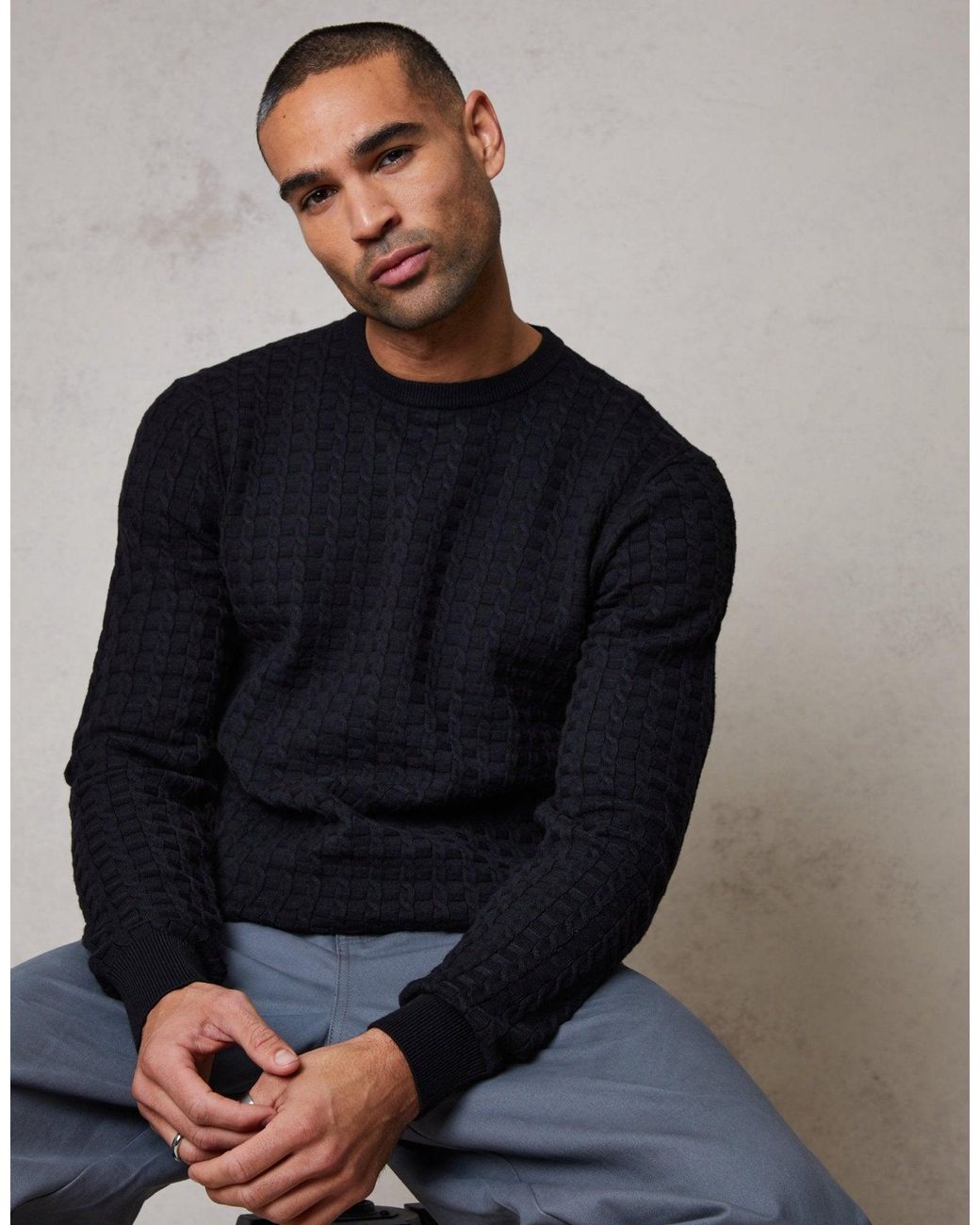 Threadbare Blue Cable Knit Crew Neck Jumper for men