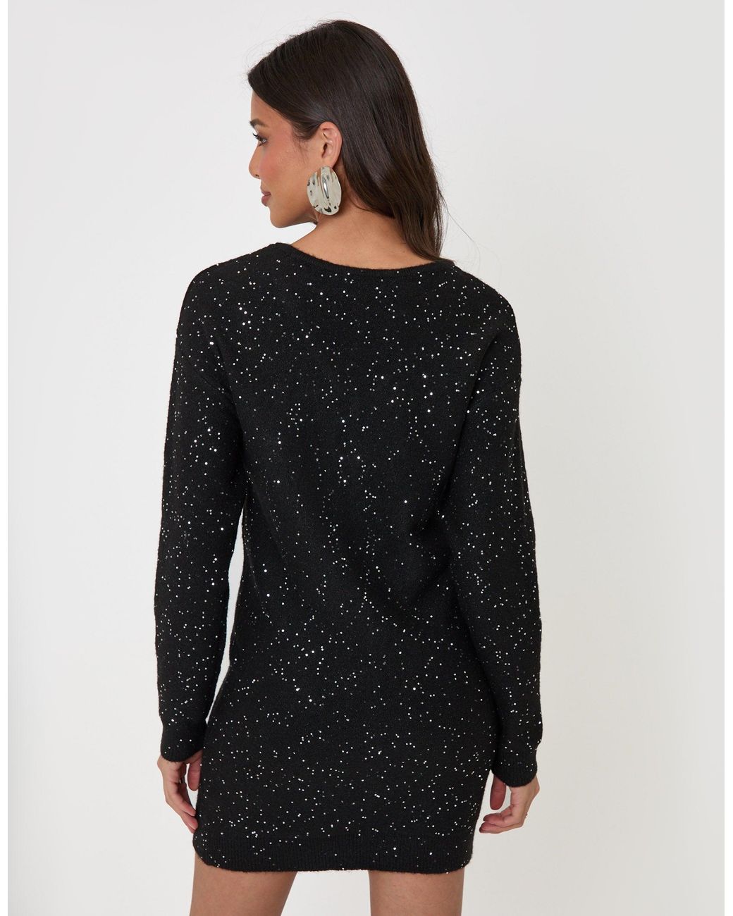 Threadbare Black V Neck Sequin Knit Dress