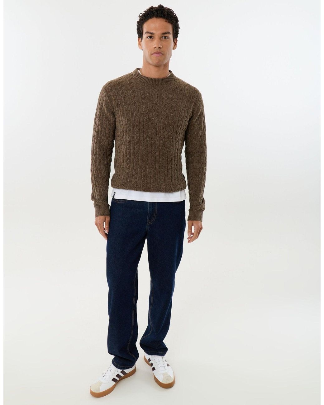 Threadbare Brown Fluffy Cable Knit Crew Neck Jumper for men