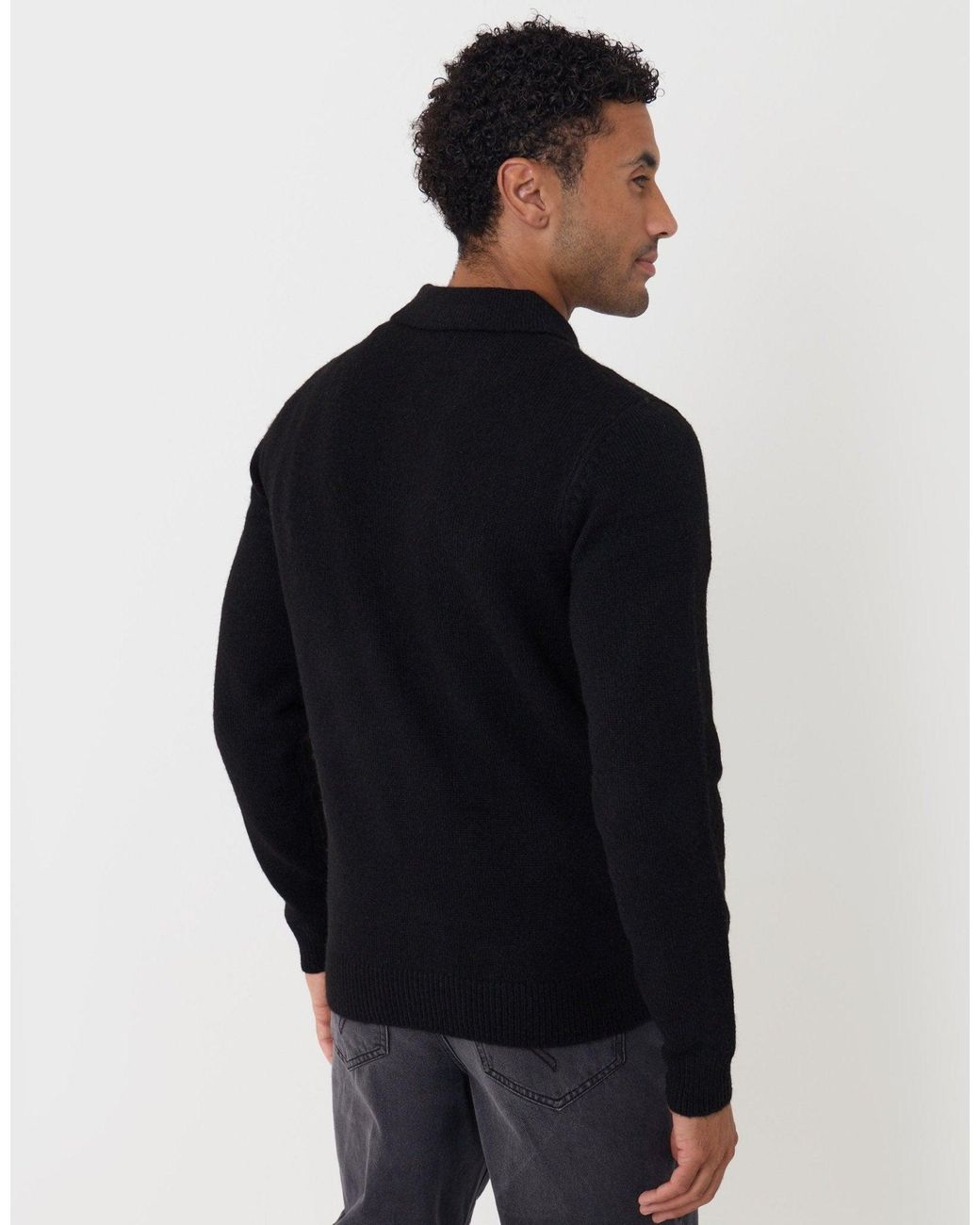 Threadbare Black Faux Wool Quarter Zip Polo for men