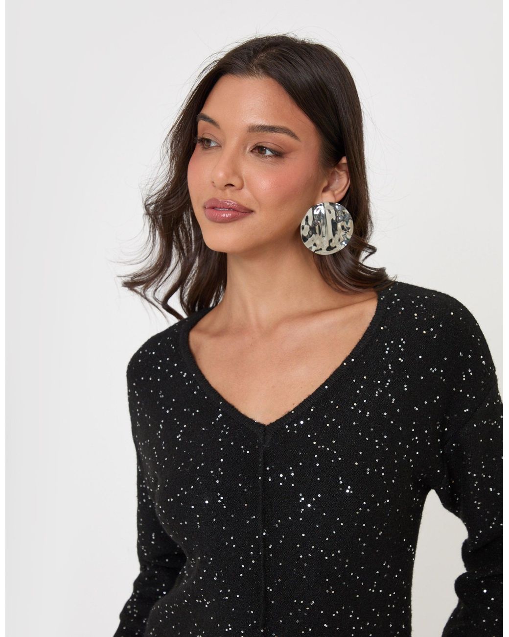 Threadbare Black V Neck Sequin Knit Dress