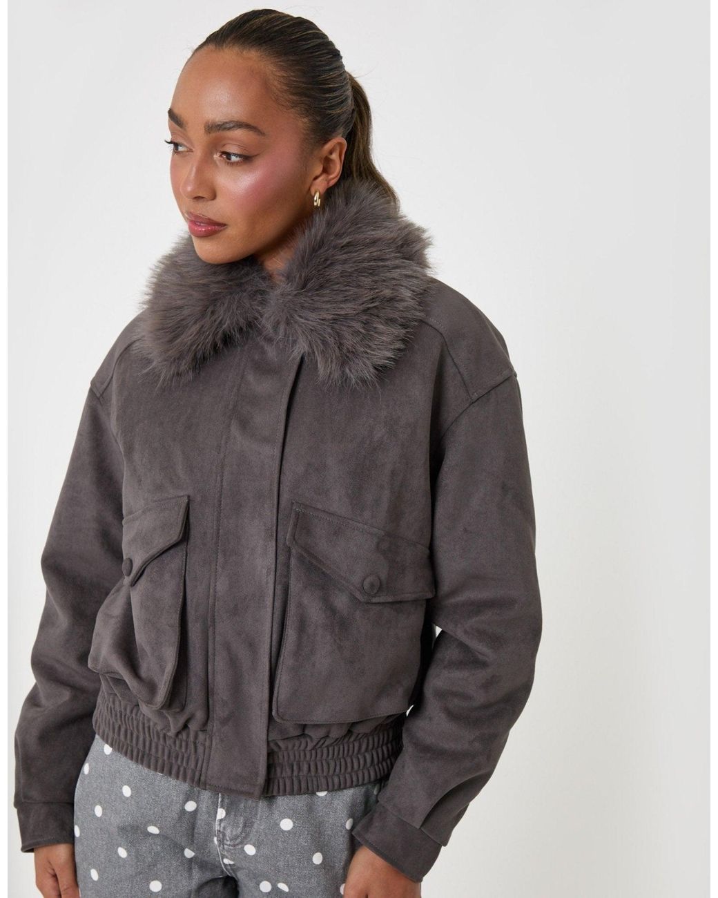 Threadbare Gray Faux Suede Fur Collared Jacket