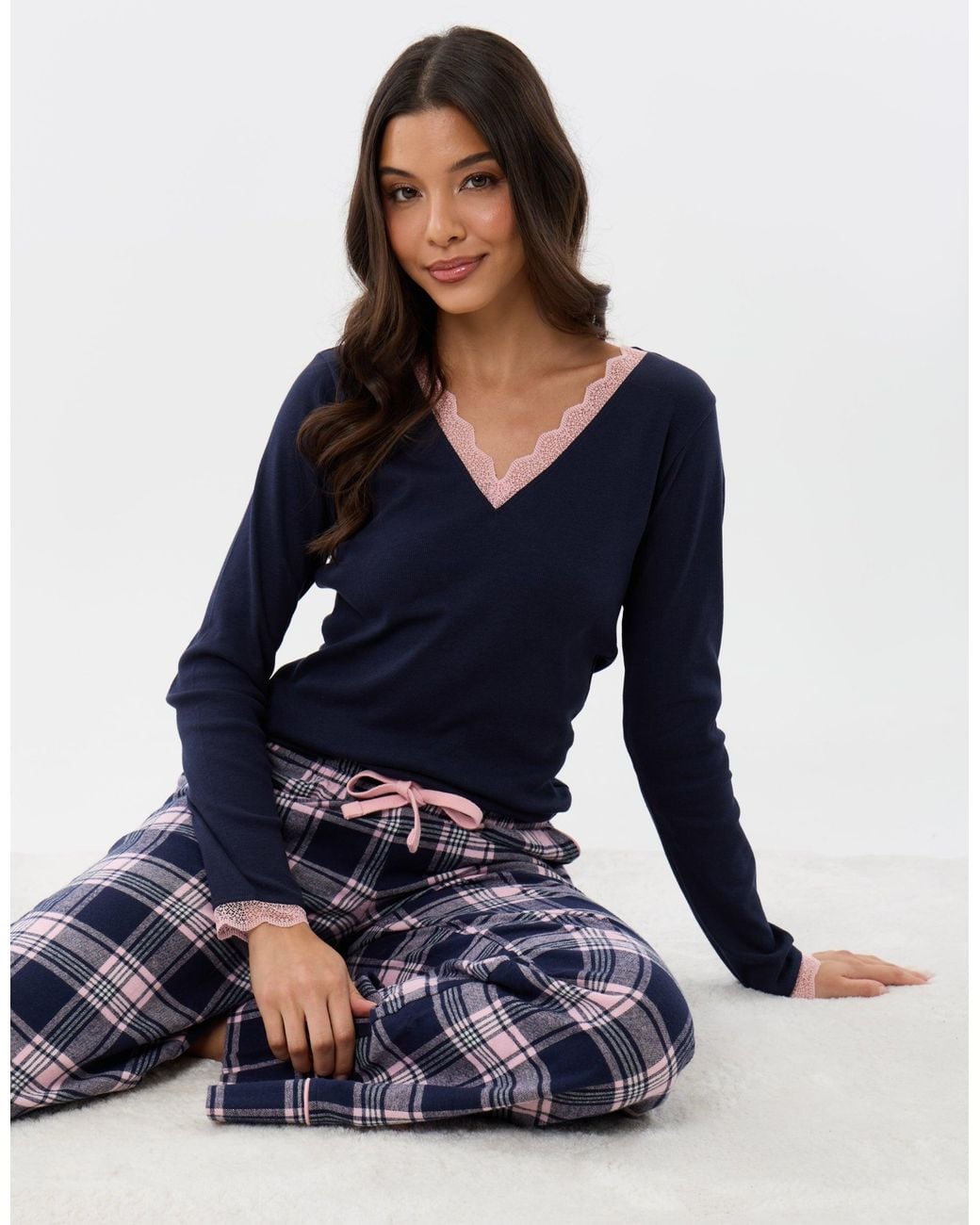Threadbare Blue Cotton V Neck Pyjama Set