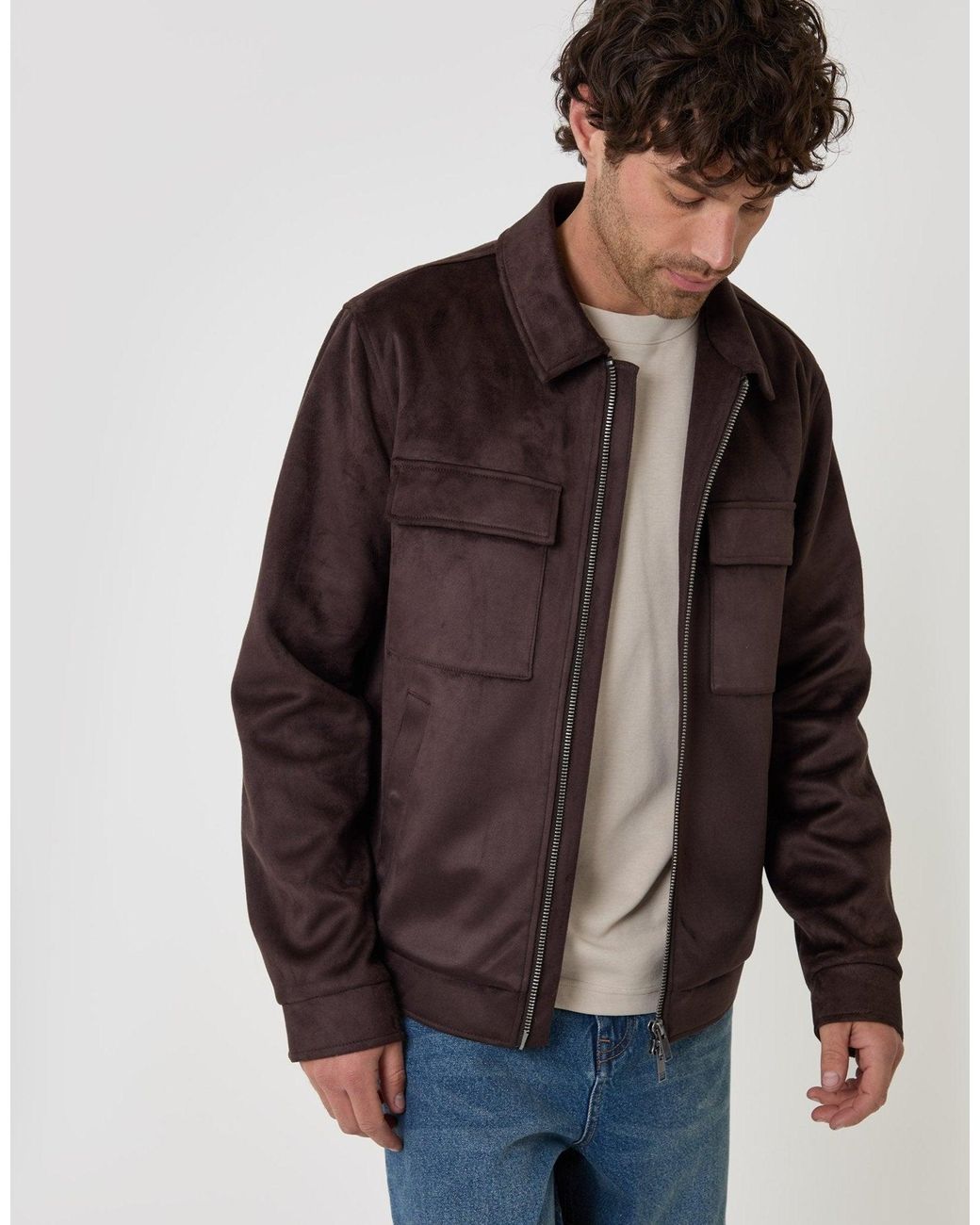Threadbare Brown Faux Suede Collared Jacket for men