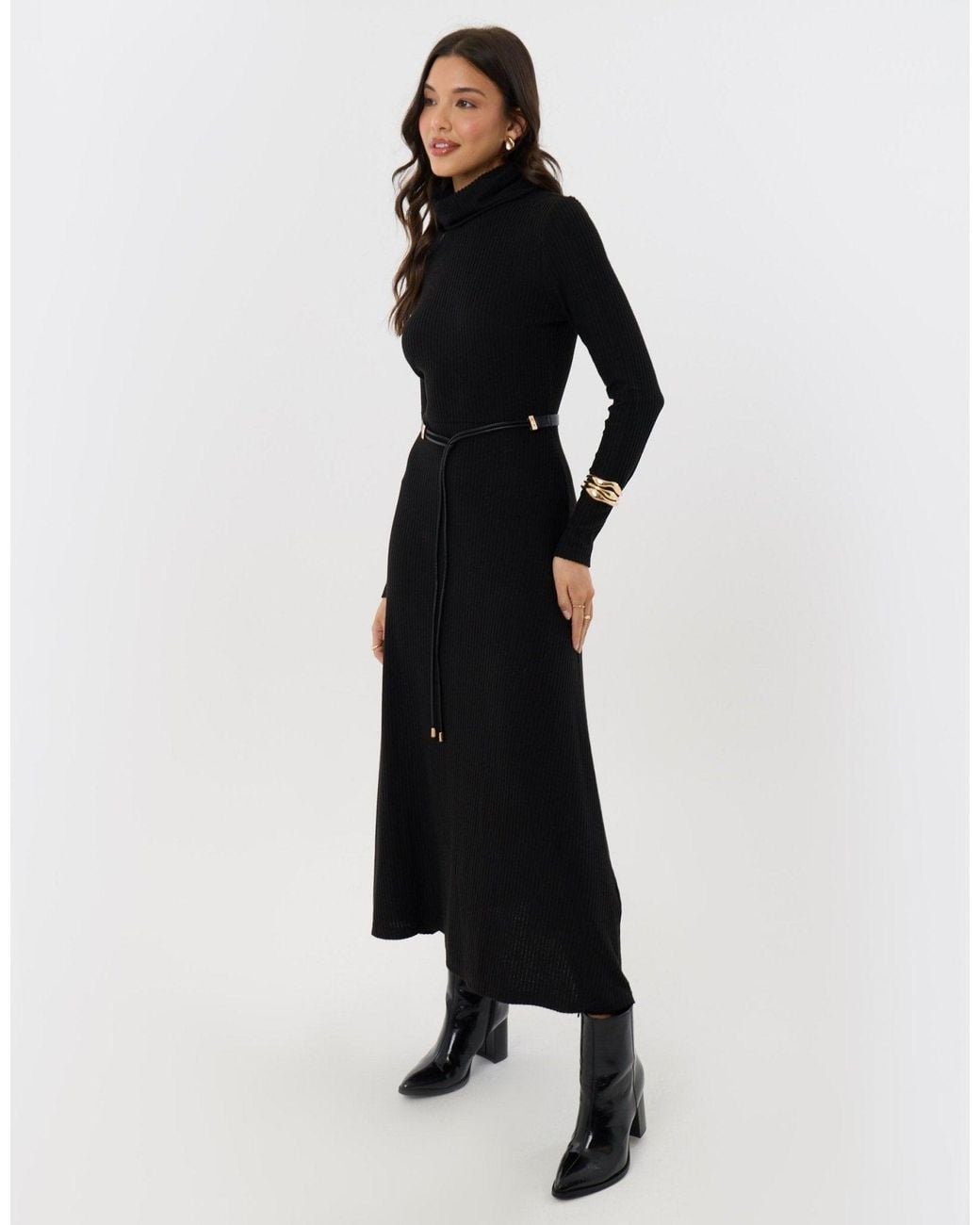 Threadbare Black Ribbed Roll Neck Maxi Dress With Belt