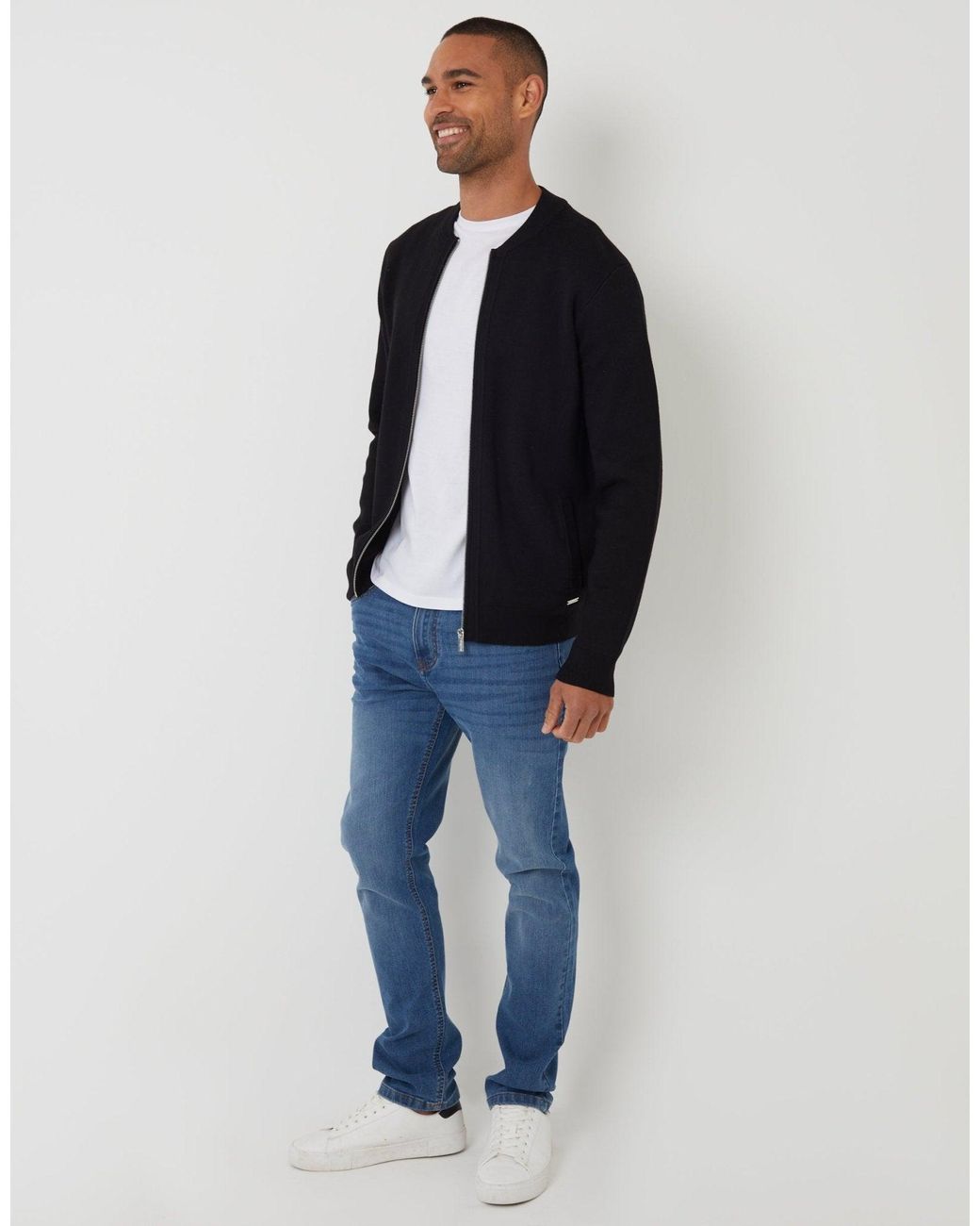 Threadbare Blue Bomber-Style Knitted Zip Through Cardigan for men