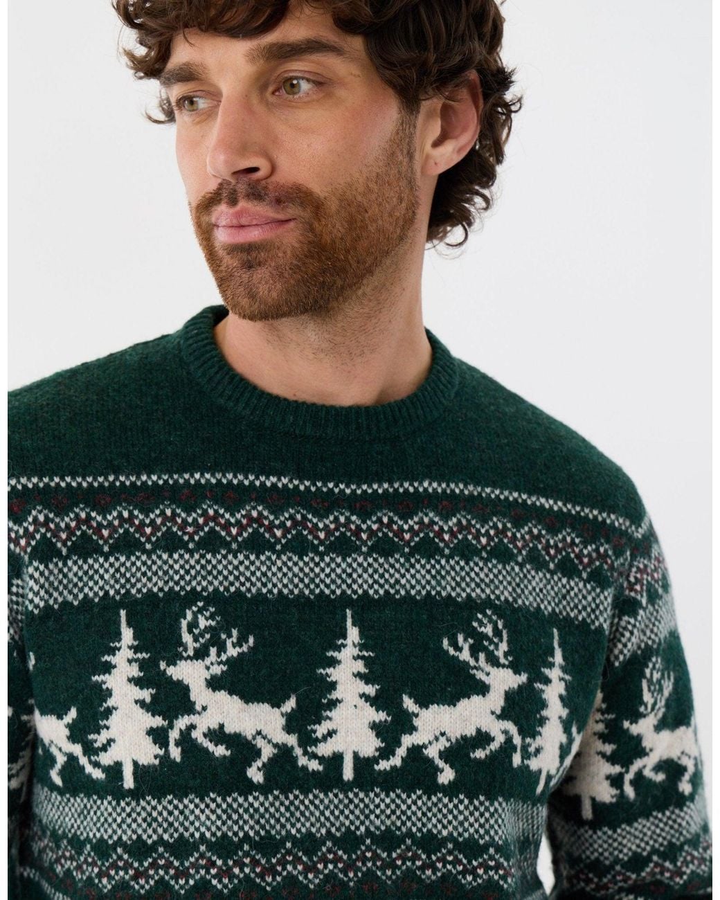 Threadbare Green Reindeer Forest Fairisle Christmas Jumper for men
