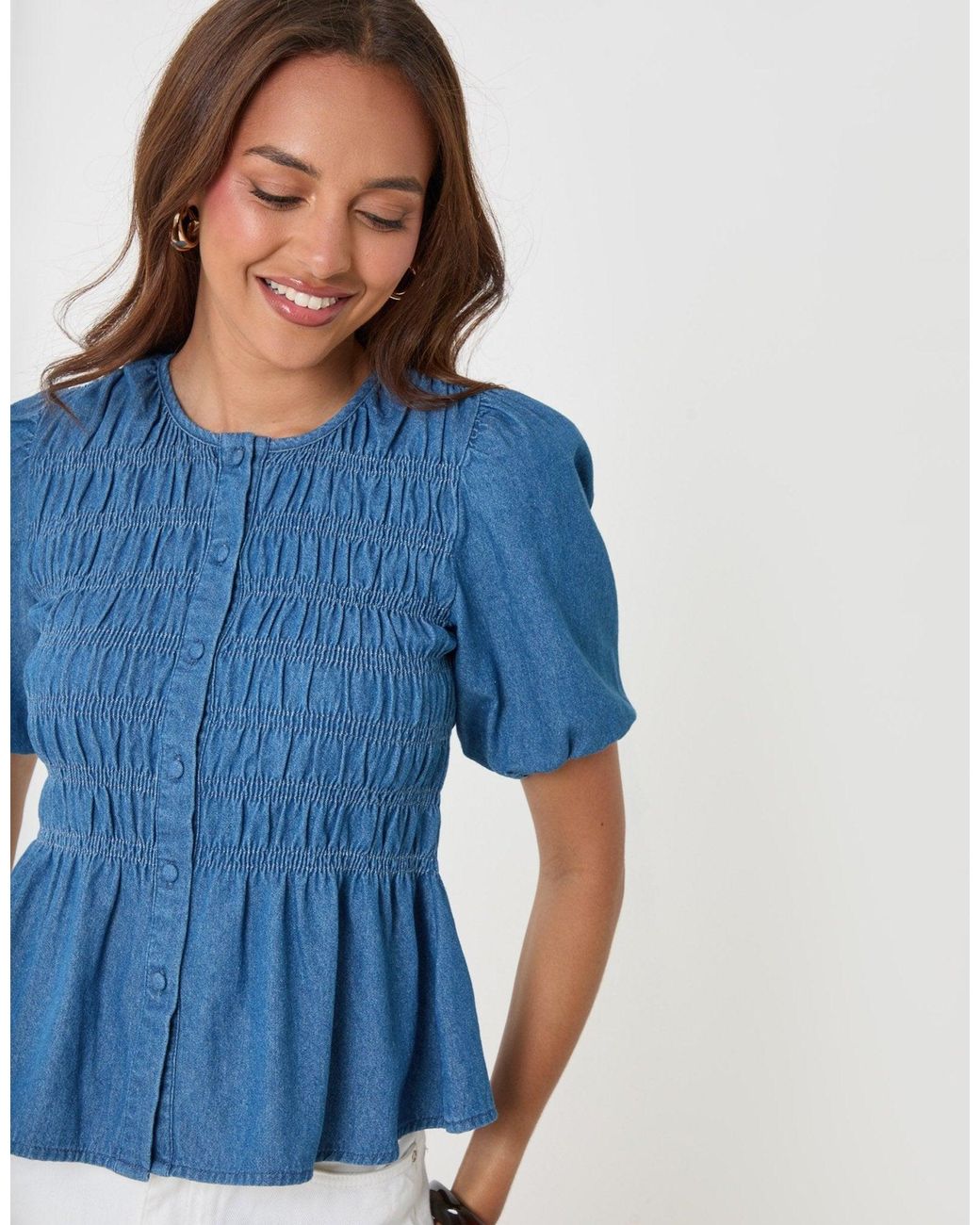 Threadbare Blue Denim Short Sleeve Smock Blouse