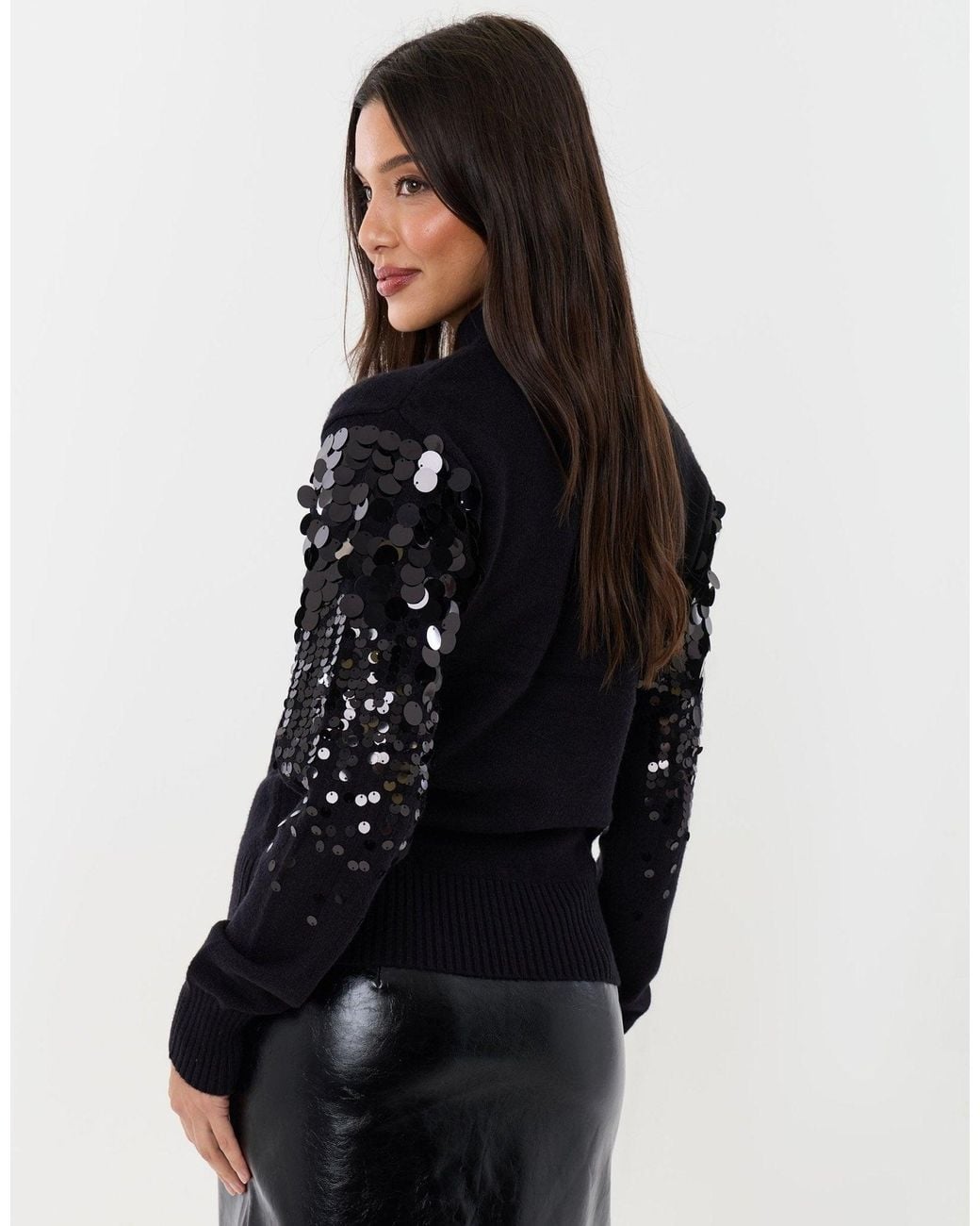 Threadbare Black Funnel Neck Jumper With Sequin Sleeves