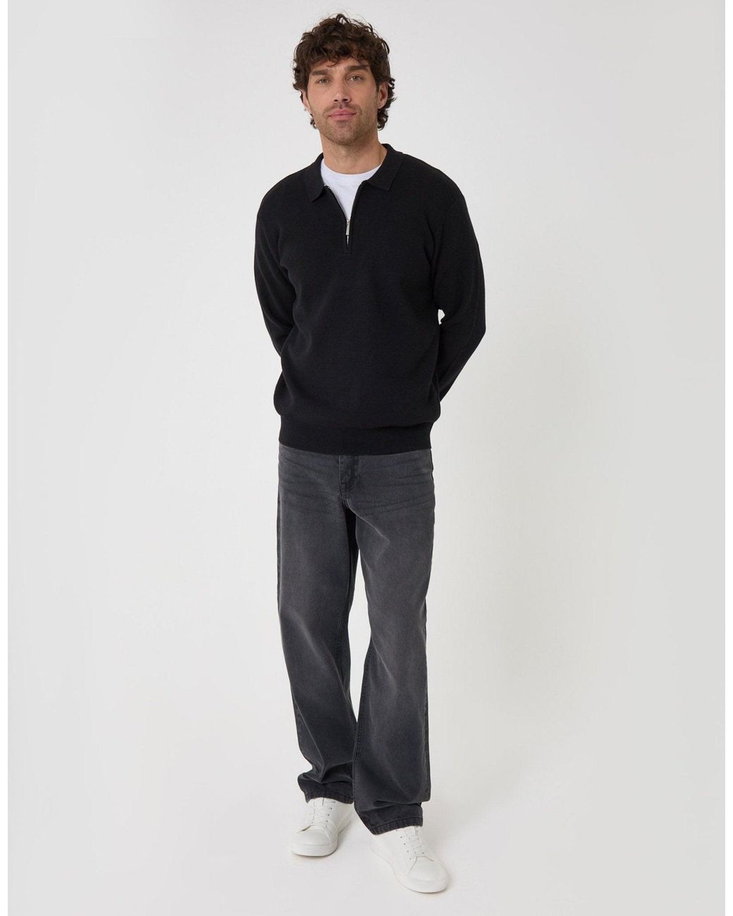 Threadbare Black Cotton Rich Quarter Zip Long Sleeve Polo for men