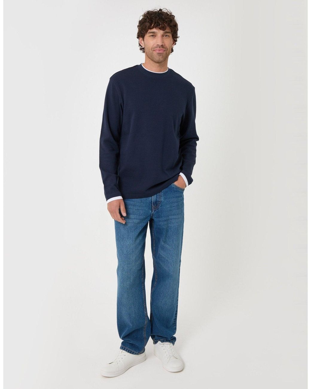 Threadbare Blue Cotton Mock Layer Long Sleeve T-Shirt for men