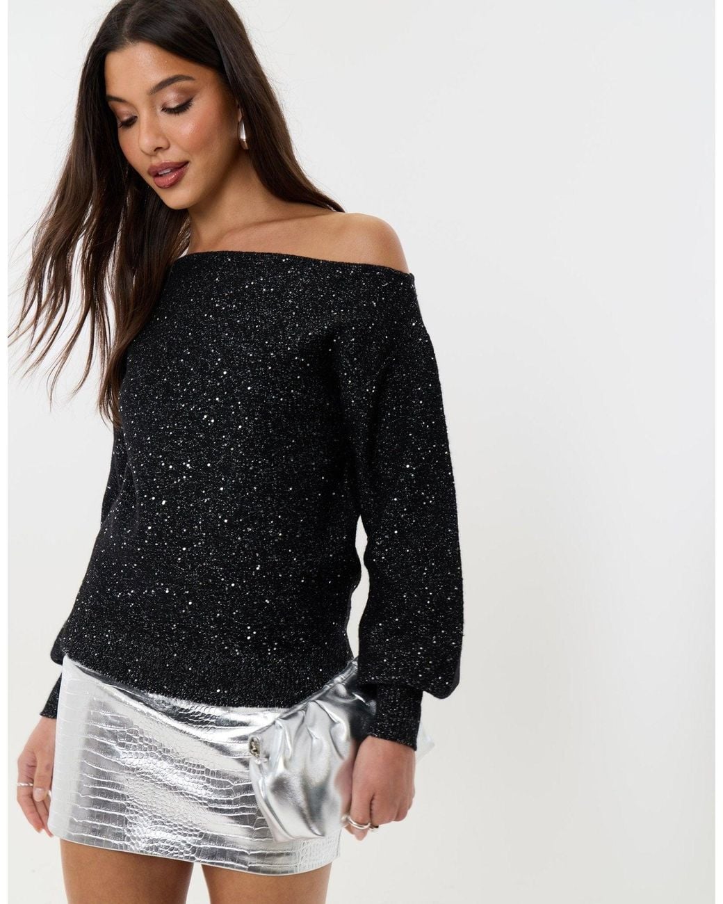 Threadbare Black Knitted Sequin Slash Neck Jumper