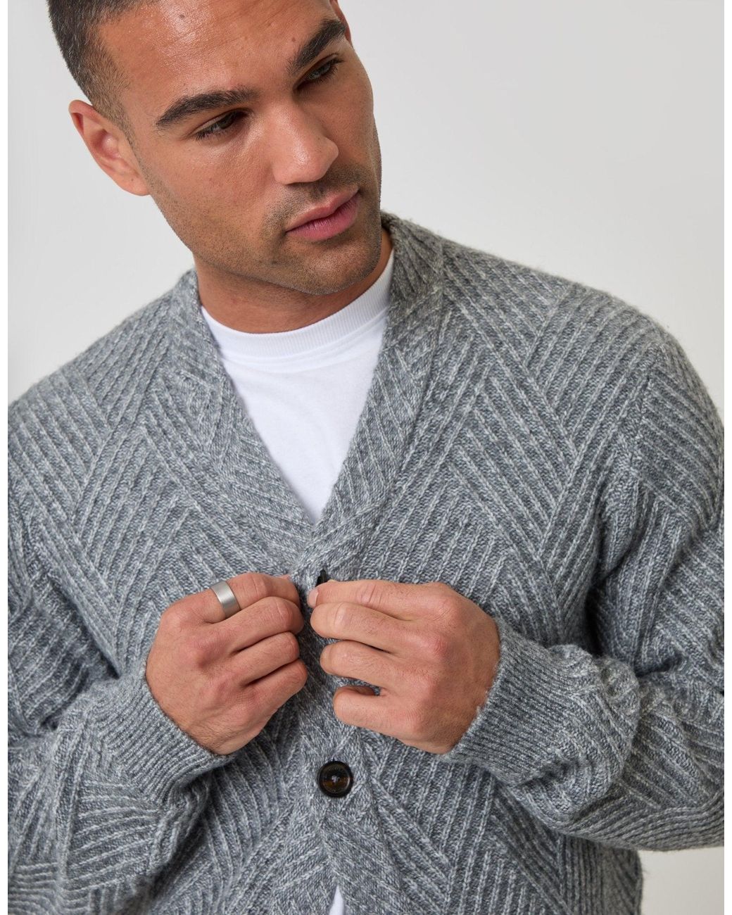 Threadbare Gray Textured Stitch V Neck Cardigan for men