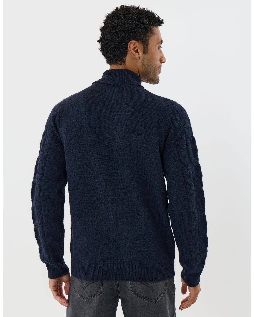Threadbare Blue Cable Knit Roll Neck Jumper for men