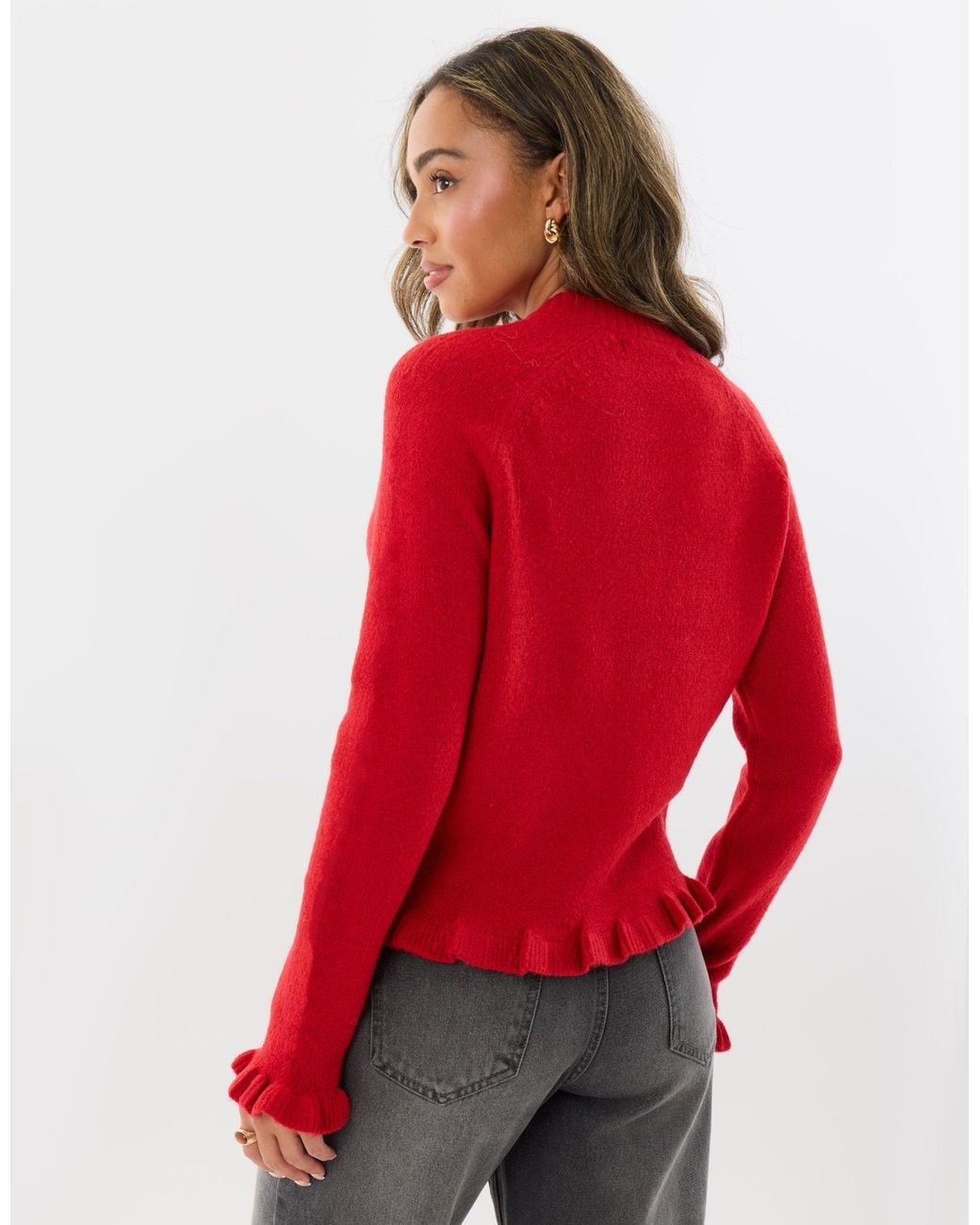 Threadbare Red Crew Neck Ruffle Cardigan