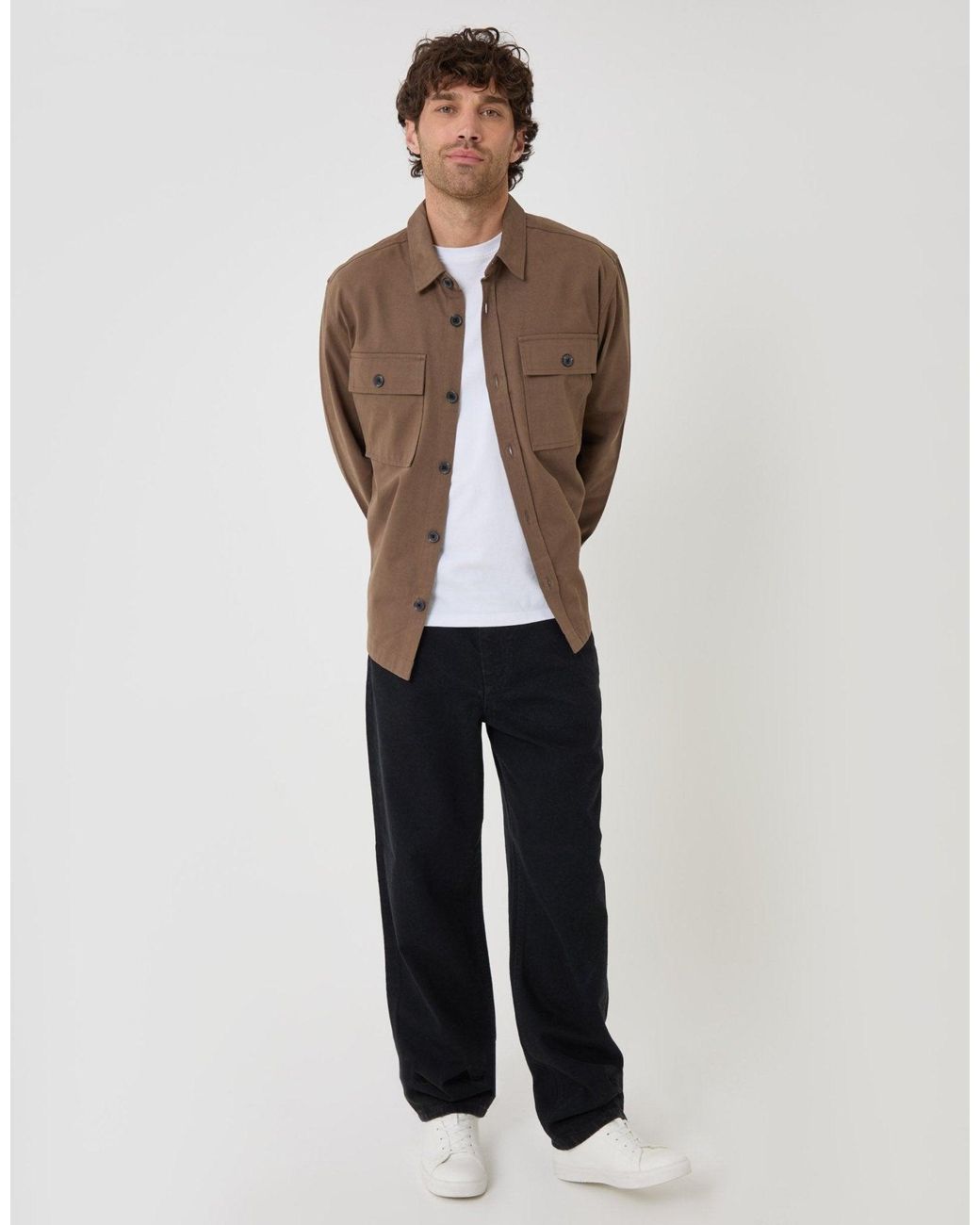 Threadbare Brown Curved Hem Cotton Shacket for men