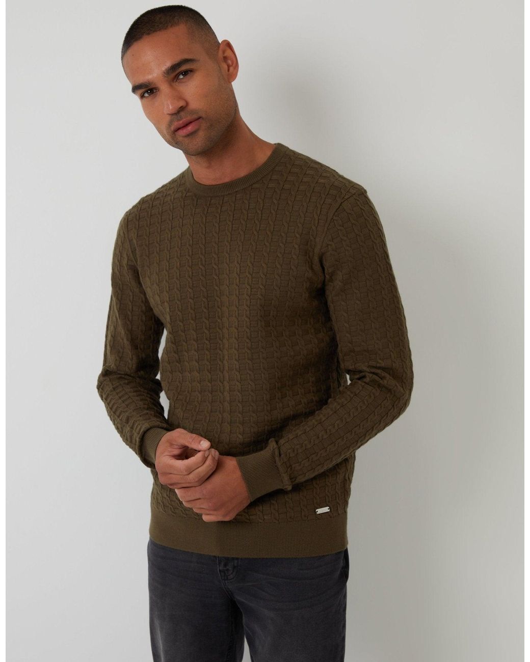 Threadbare Brown Cable Knit Crew Neck Jumper for men