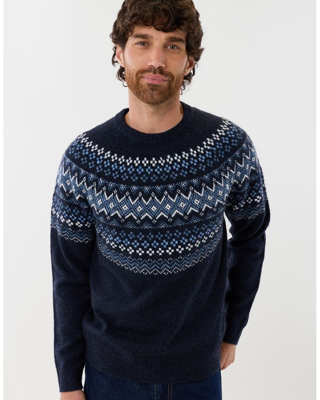 Threadbare Blue Geometric Fairisle Knitted Christmas Jumper for men