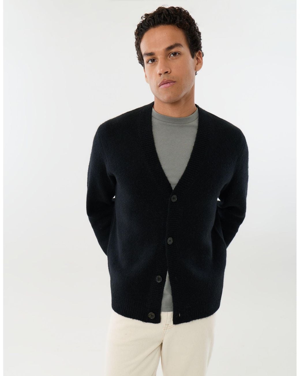 Threadbare Black Relaxed Fit Wool Blend V Neck Cardigan for men