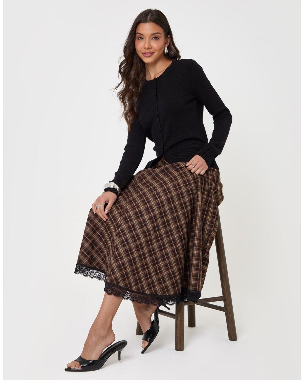 Threadbare Brown Asymmetric Lace Trim Midaxi Skirt