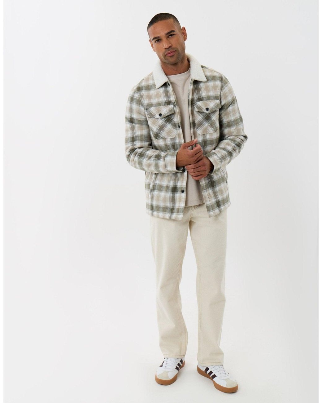Threadbare Gray Cotton Flannel Shacket With Sherpa Collar & Lining for men