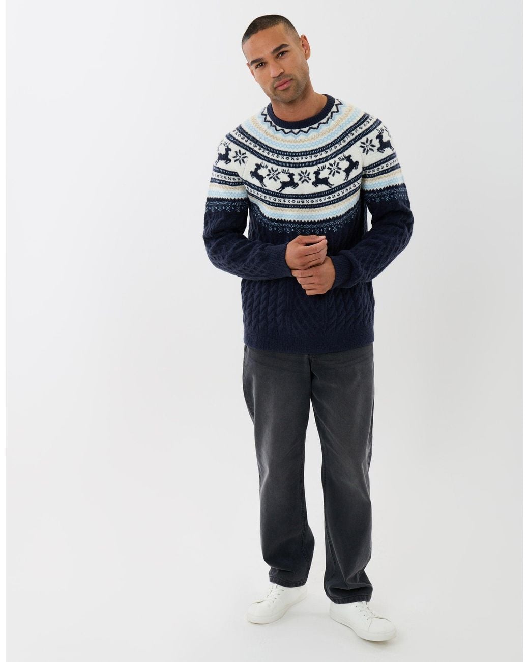 Threadbare Blue Reindeer Fairisle Cable Knit Christmas Jumper for men