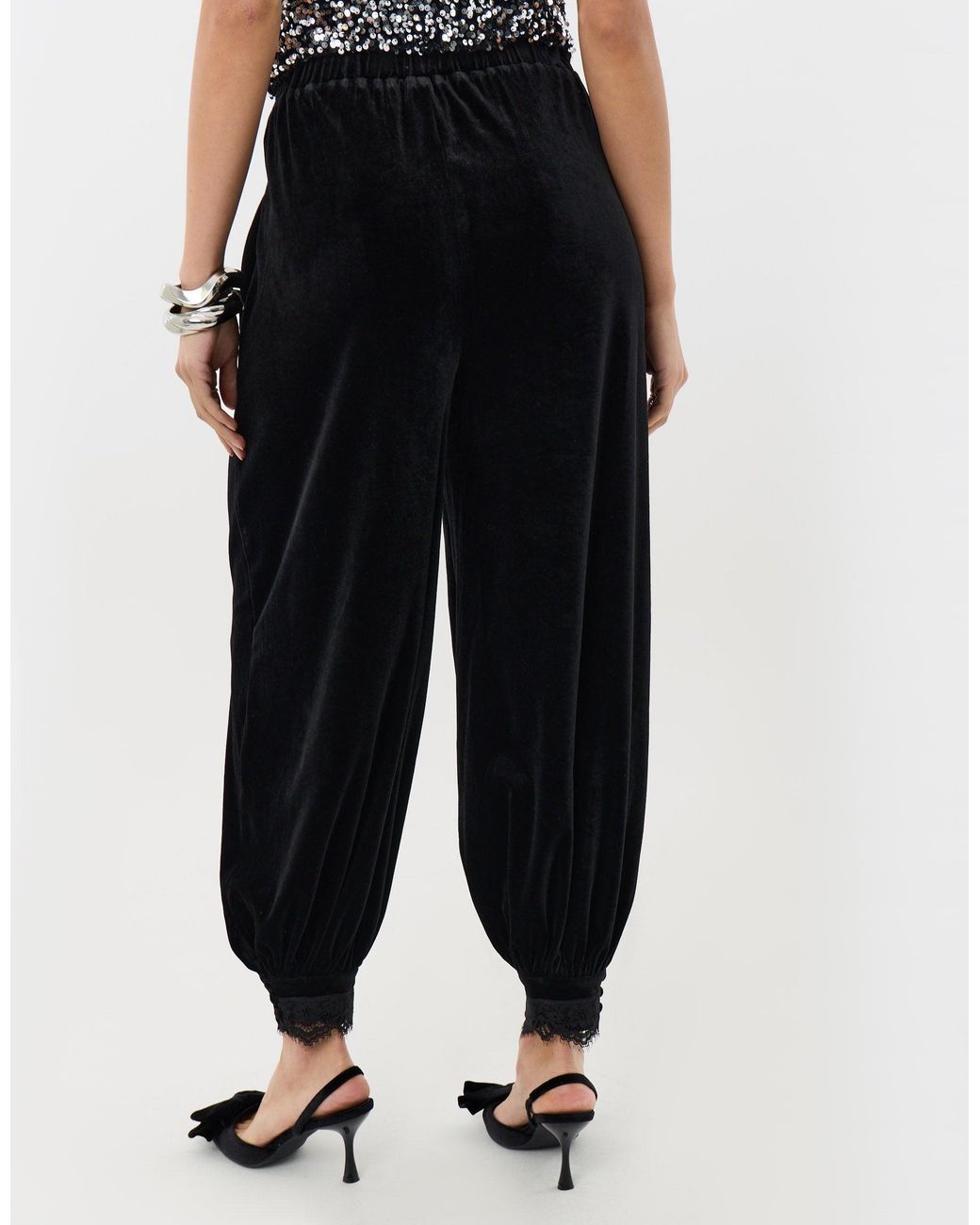 Threadbare Black Velvet Balloon Trousers With Lace Trim Hem