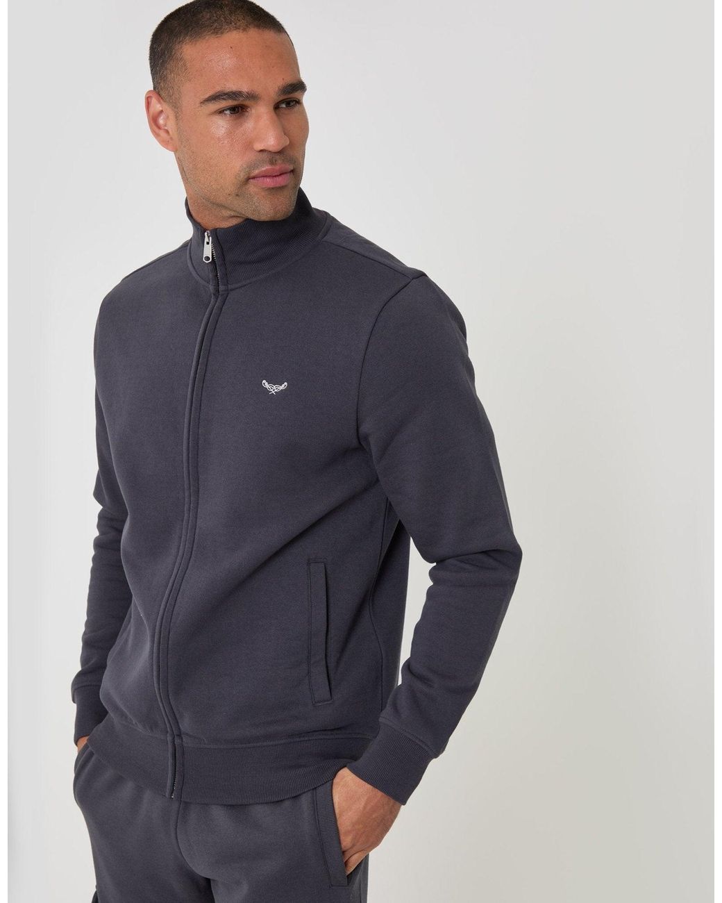 Threadbare Blue Cotton Rich Funnel Neck Zip Through Sweatshirt for men
