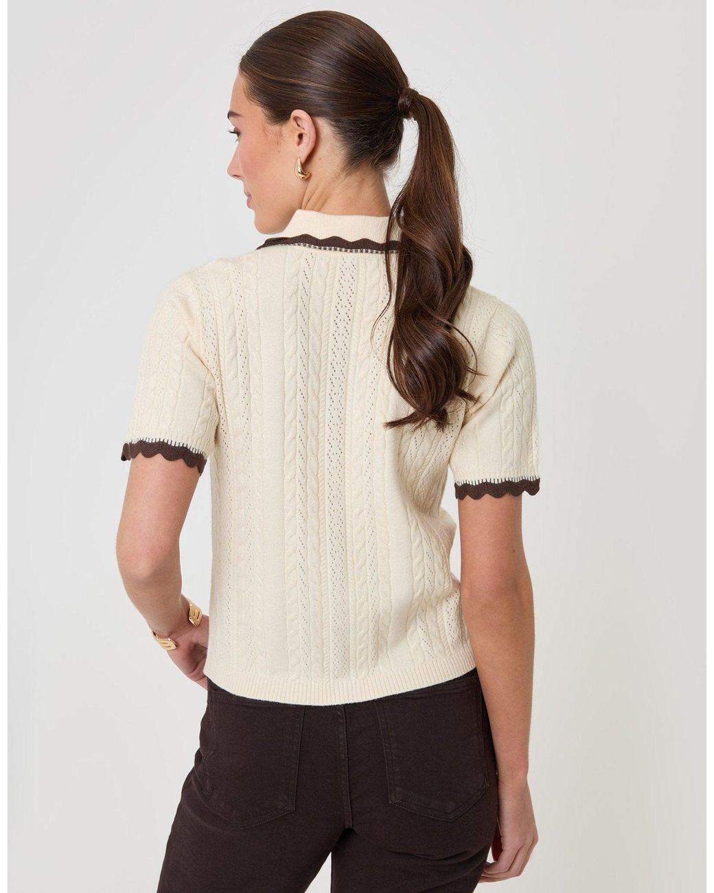 Threadbare Natural Cable Knit Scallop Trim Polo
