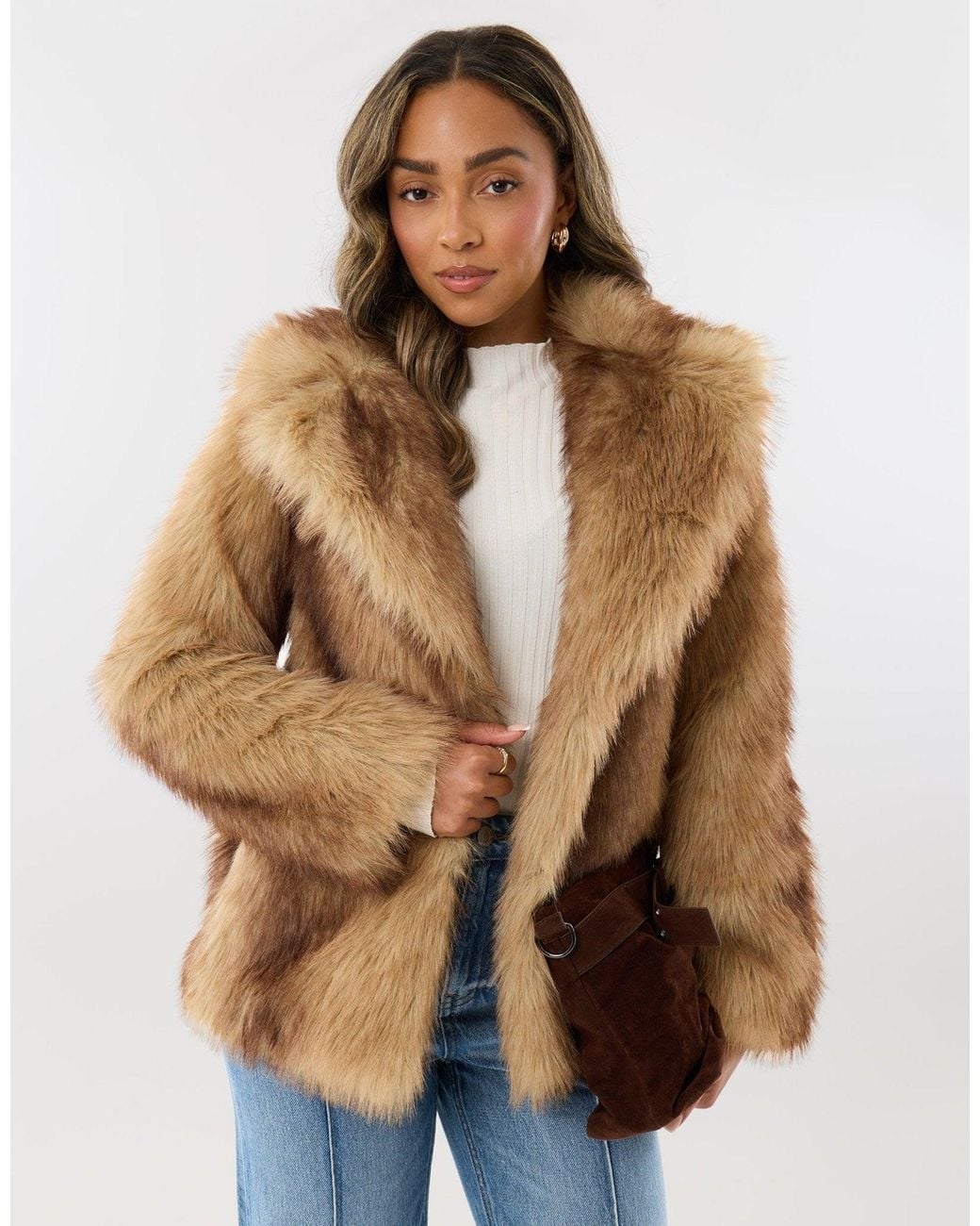 Threadbare Brown Oversized Collar Faux Fur Coat