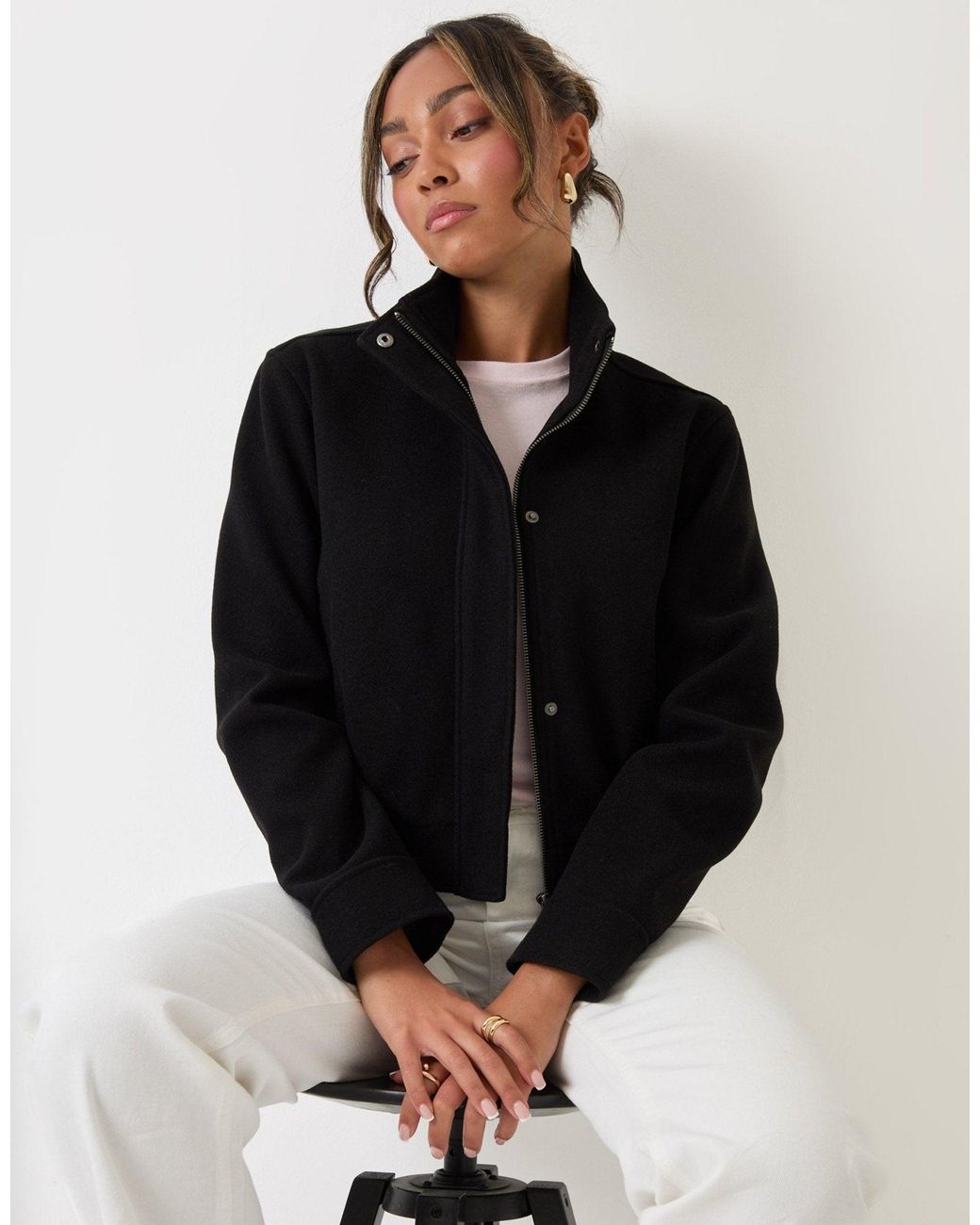 Threadbare Black Faux Wool Funnel Neck Bomber Jacket
