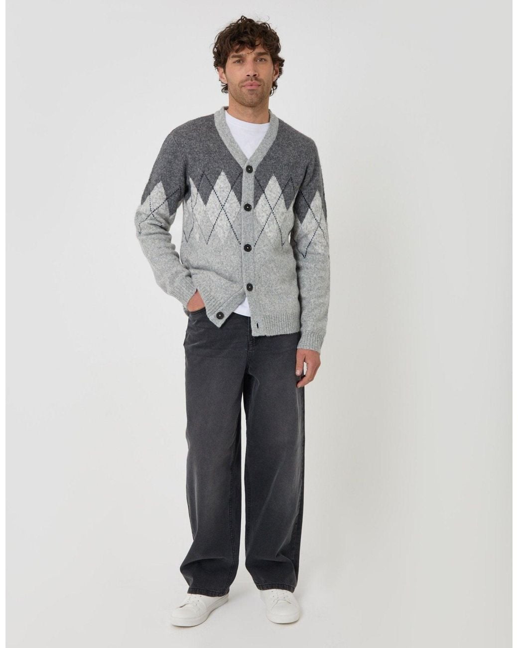 Threadbare Gray Wool Blend Argyle Button Up Cardigan for men