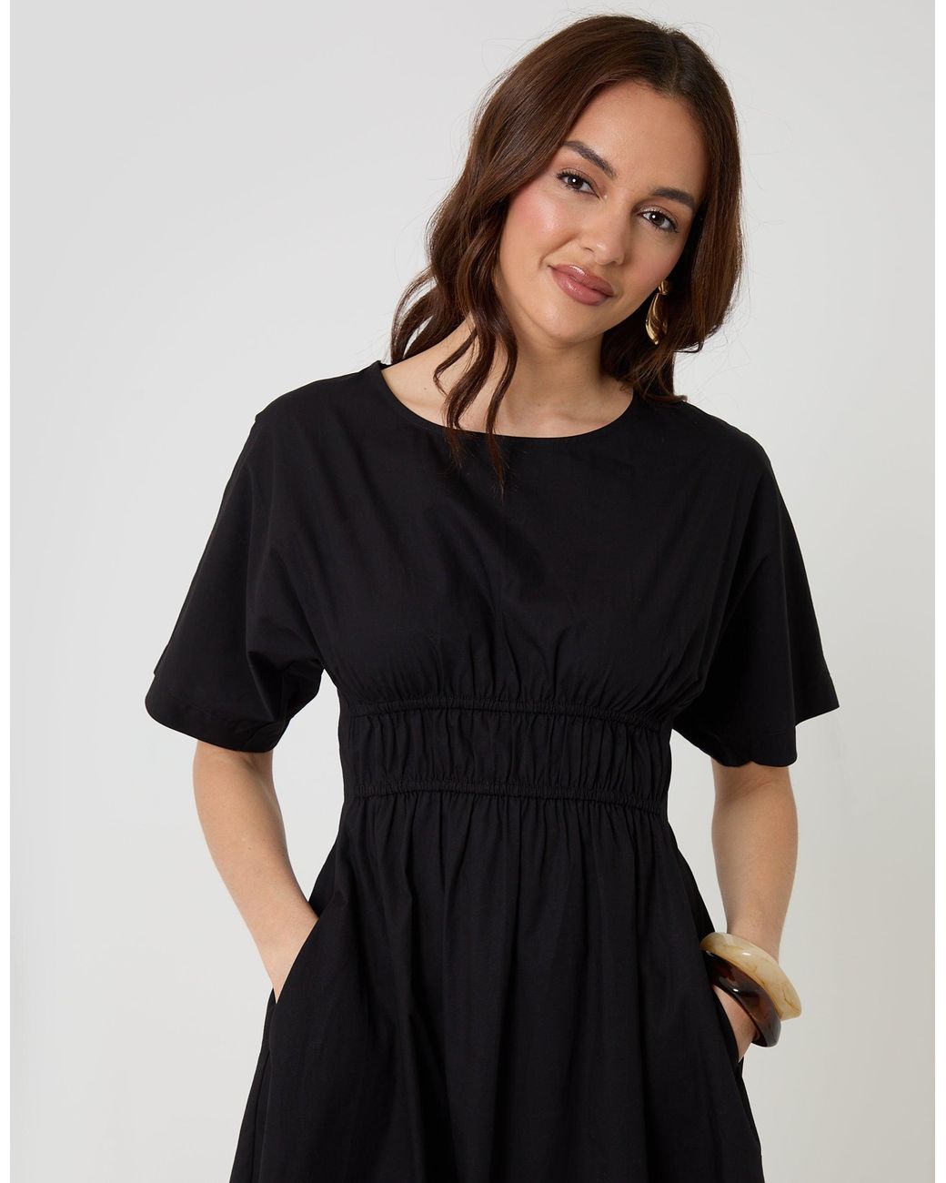 Threadbare Black Elasticated Waist Cotton Poplin Midi Dress