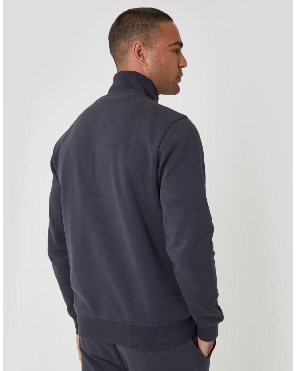 Threadbare Blue Cotton Rich Funnel Neck Zip Through Sweatshirt for men