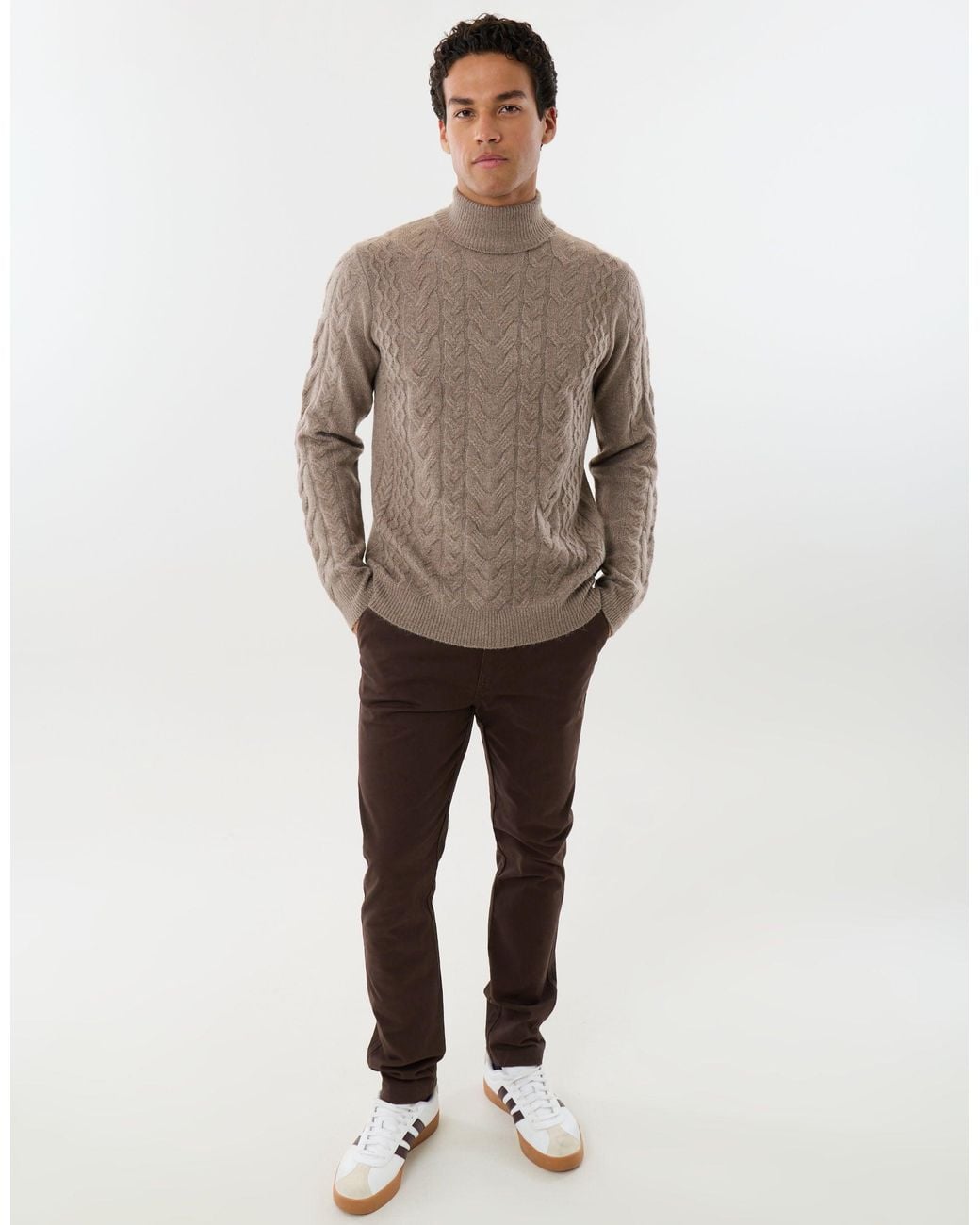Threadbare Brown Cable Knit Roll Neck Jumper for men