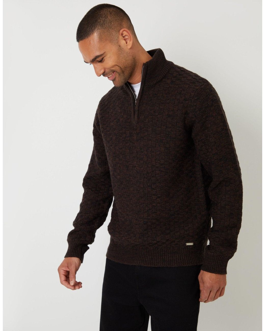 Threadbare Black Basket Stitch Quarter Zip Jumper for men