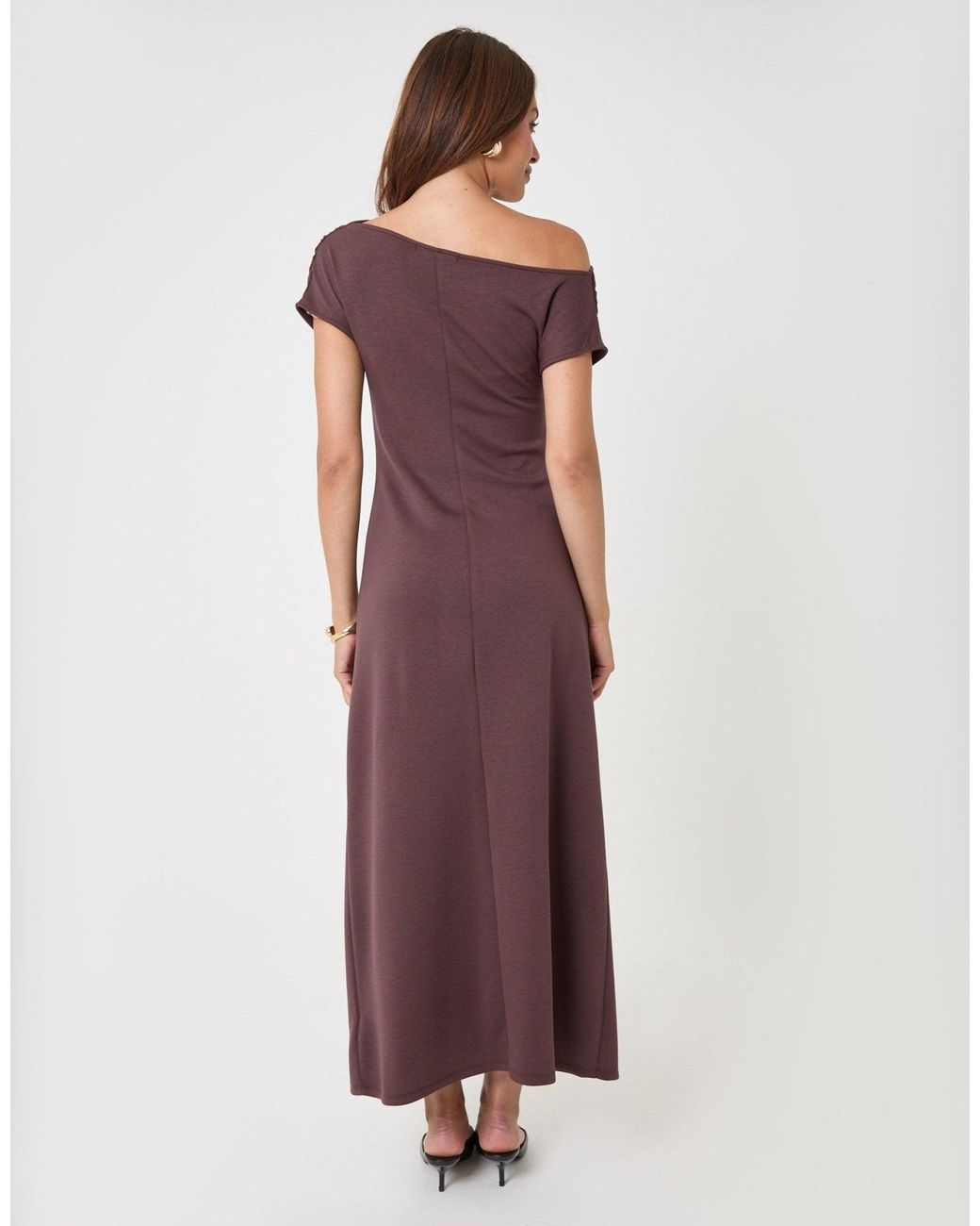 Threadbare Purple Off Shoulder Draped Jersey Maxi Dress